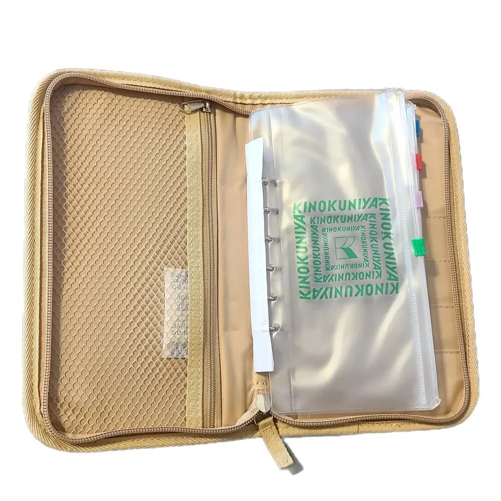 Kinokuniya x Japan NWOT Beige & Green Eco Canvas Zippy Organizer Pouch Case - Picture 4 of 11